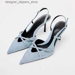 Sandals 2024 Blue denim slim high heels rounded toe high heels new womens cross buckle pump sandals Q240511