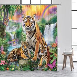 Shower Curtains Wild Tiger Curtain Tropical Plants Flowers Parrot Animals Forest Waterfall Landscape Bathroom Fabric Home Decor