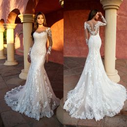 Sheer Long Sleeves Lace Mermaid Wedding Dresses Scoop Neck Tulle Applique Sweep Train Wedding Bridal Gowns robes de mariee With Buttons 2212