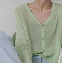Women's Knits Spring Summer Fashion V-neck Knitted Cardigan Women Green Long Sleeve Single Breasted Sweaters Casual Knitwear Mujer Thin