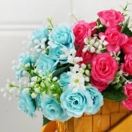 Decorative Flowers 15 Heads Rose Artificial Fake Colourful With Stems Faux Roses Flower Bouquets For Home Wedding Party Decor