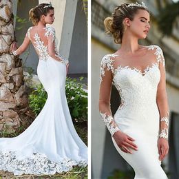 Glamorous Sheer Neck Mermaid Wedding Dresses Long Sleeve Lace Appliques Bridal Gowns Illusion Backless Sweep Train Wedding Dress 206D