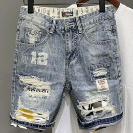 Male Denim Shorts Graphic with Text Half Long Mens Short Jeans Pants Multi Color Ripped Knee Length Retro Vintage Baggy Y2k Cut 240511