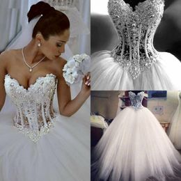 Sexy Sweetheart Ball Gown Wedding Dresses 2021 Luxurious Pearls Rhinestones Arabic Aso Ebi Beaded Puffy Tulle Long Bridal Gowns Sweep T 2663