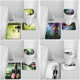 Bath Mats Zen Non-slip Mat Set Green Bamboo Lotus Candle Meditation Bathroom Decoration Buddha Home Carpet Rug Toilet Lid Cover