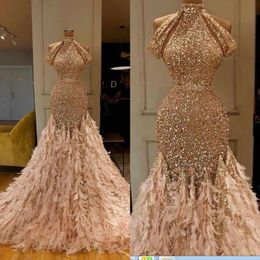 Newest Glitter Mermaid Evening Dresses Champagne Feather Sequins High Neck Lace Formal Party Gowns Custom Made Long Prom Dresses 273z
