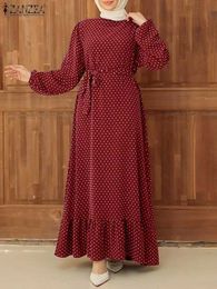Ethnic Clothing Fashion Long Slve Ruffles Hem Muslim Dubai Turkey Sundress ZANZEA Women Vintage Polka Dot Printed Maxi Dress Ramadan Dresses T240510