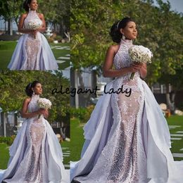 Plus Szie African Wedding Dresses with Detachable Train 2020 Modest High Neck Puffy Skirt Sima Brew Country Garden Royal Wedding Gown 257R