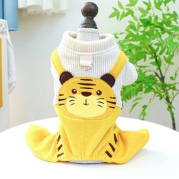 Dog Apparel Corduroy Cute Sweet Yellow Color Tiger Shaped Bib Pants Warm Four Legs Pet Clothing With Traction Buckle Overalls