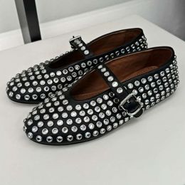 Rhinestone Mary Jane Designer Mule Pumps Black Fashion Casual Round Head Rivet Flat Shoes Women