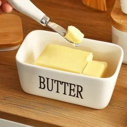 Plates Ceramic Butter Container Box Restaurant Sealed Storage Cheese With Knife Bamboo Lid Slicer Dish Tableware