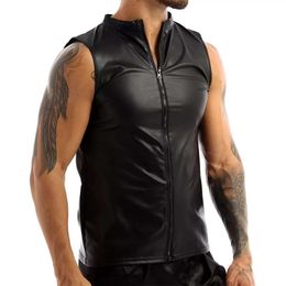 Plus Size Mens Sexy Soft Sleeveless Shirts Erotic Shaping Sheath Stretch Tank Tops Male Shiny Leather Bodycon Sexi Catsuit Costumes