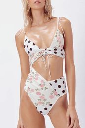 Women's Swimwear Floral And Dot Cut Out One-Piece Swimsuit Sexy Lace Up Women Monokini 2024 Girl Beach Bathing Suit Hollow