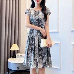 Party Dresses Vintage Ink Painting Casual O-Neck Women's Clothing Short Sleeve Summer Commute A-Line Fashion Drawstring Midi Dress