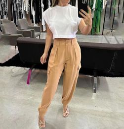 Women's Two Piece Pants 2024 Niche Short Style Solid Colour Simple Casual White T-Shirt And Pocket Loose Harlan