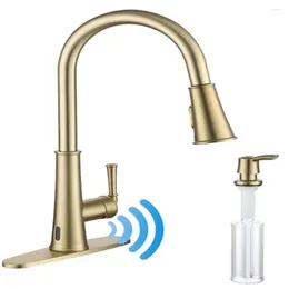 Kitchen Faucets Touchless Faucet Brushed Gold LED Pull Down Sprayer 1.8gpm Soap Dispenser 360° Swivel Single Handle Stainless Steel