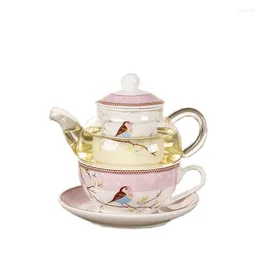 Teaware Sets Ceramic Flower Teapot Bird Cup Saucer Heat-Resistant Glass Pot Set Coffee Afternoon Tea Pink