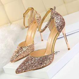 Luxury Sequined Womens Sandals Sexy Pumps 7.5cm 9.5cm Stiletto Heels Wedding Party Shoes Ankle Strap Pointed Toe Summer Sandale Size 35-40