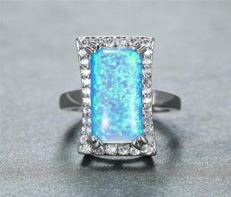 Wedding Rings Vintage Silver Colour Ring Big Rectangle Stone Engagement Cute Female White Blue Fire Opal For Women Jewelry2827109