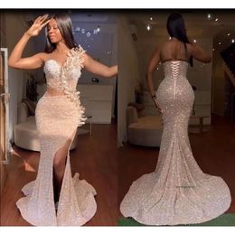 Gorgeous Pink Sequined Prom Dresses 2024 Black Girls Sexy One Shoulder Mermaid Split Evening Gowns With Corset Back BC18821 0511