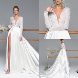 Eva Lendel Split Wedding Dresses abiti da sposa Lace Appliqued Beads Bridal Gown A Line V Neck Country Long Sleeve Wedding Dress 300D