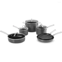 Cookware Sets 10-Piece Pots And Pans Set Nonstick Kitchen With Stay-Cool Stainless Steel Handles Pour Spouts Grey