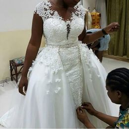 Vestidos De Novia African Lace Wedding Dresses With Detachable Train Handwork Cap Sleeves Sheer Neck Plus Size Bridal Gown 2413