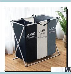 Storage Baskets Foldable Dirty Organiser XShape Printed Collapsible Three Grid Hamper Sorter9700358