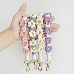 Hooks Wristlet Keychain Bohemian Handcrafted Spring Flower Style With Daisy Lanyard For Key Compatible Macrame