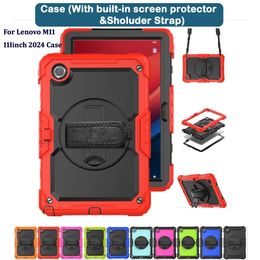 Armor Case with Screen Protector For Lenovo Tab M11 HD 11 inch 2024 TB330FU TB331FC Xiaoxin Pad Hand Strap 360 Rotating Stand Rugged Shockproof Kid Safe Cover Case
