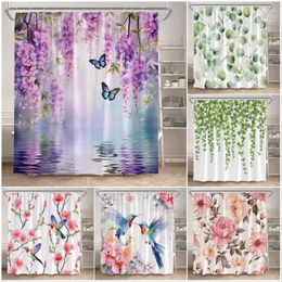 Shower Curtains Natural Flowers Curtain Watercolour Floral Butterfly Hummingbird Green Leaves Plant Bath Polyester Bathroom Decor