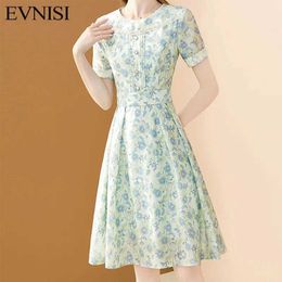 Basic Casual Dresses EVNISI Womens Fashion Flower Print Green Chiffon Dress O-Neck Elegant Office A-LINE Dress Ultra Thin Suitable for Womens Party Vest SummerL2405