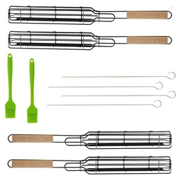 Tools Grilling Baskets & BBQ Skewers Set Of 4 With 2 Silicone Barbecue Brush Basket For Outdoor Grill