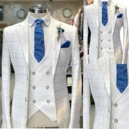 White Men Suits Cheque Pattern Wedding Tuxedo Formal Wear Customised Handsome Party Suit Coat Vest White Pant 283e