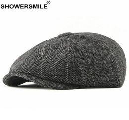 SHOWER Tweed Newsboy Cap Men Wool Herringbone Flat Cap Winter Grey Striped Male British Style Gatsby Hat Adjustable20043854335118