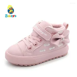 Boots Babaya 2024 Winter Shoes Girls Artificial Leather Lovely Butterfly-knot Princess Warm Cotton-padded