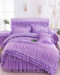 Pink Beige Purple Lace Princess Bedding set King Queen Size 4pcs Ruffles Bedspread Bed Skirt Wedding Duvet Cover Bed SheetLinen P2622018