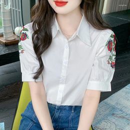 Women's Blouses 2024 Summer Short Sleeve Embroidered Shirt Floral Pattern Blouse Tops Women Clothing