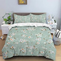 Bedding Sets 3 Piece Matte Polyester Fabric Set Skin Friendly Warm And Comfortable Simple Light Bean Green White Floral Pattern