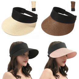 1Pc Summer Wide Brim Beach Hat Casual Portable Straw Cap Foldable Visors Outdoor Sun Protection Hat for Women Solid Colour