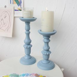 Candle Holders SUPU Blue Set / 2PCS Wooden Candelabra Candlestick Holder Flower Pillar Stand Table Desktop Decoration Wedding Decor