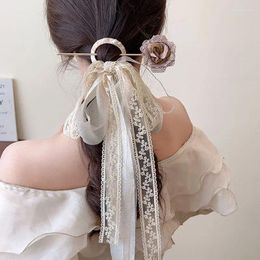 Hair Clips Korean Fairy Lace Bow Hairpin Gorgeous Long Ribbon Wedding Mori Series Rose Hairstick Women Accessories