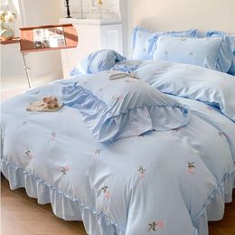 Bedding Sets Cartoon Pattern3/4Piece Flat Sheet Quilt Cover Pillow Case Family Bed Rose Flowers Embroidery Ruffle Lace Set