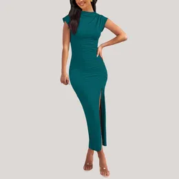 Casual Dresses Summer Women's Midi Dress Half Turtleneck High Slit Bodycon Ruched Sexy Party Elegant Lady Slim Evening Gown Maxi
