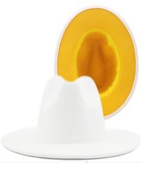 Outer white Inner yellow Wool Felt Jazz Fedora Hats with Thin Belt Buckle Men Women Wide Brim Panama Trilby Cap7168766
