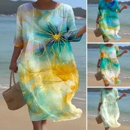 Casual Dresses Women Half Sleeve Midi Dress Floral Print A-line For Long Loose Fit Vacation Beachwear Pullover Wear