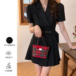 Party Dresses Korean Fashion Wome Black Blazer Dress Chic Pleated Design V-neck Puff Sleeves Ladies Office High Street Mini With Belt