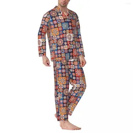 Home Clothing Mandala Patchwork Pyjamas Set Retro Floral Print Cute Sleepwear Male Long Sleeve Bedroom 2 Piece Suit Large Size