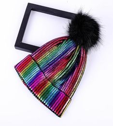 Pompom Hair Ball Warm Knitted Girl Crochet Beanie Metallic Shiny Solid Windproof Soft Women Hats Autumn Winter Cute Cap11866045