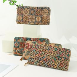 10pcs Long Wallet For Women Cork Leather Retro Geometry Printing Phone Purses